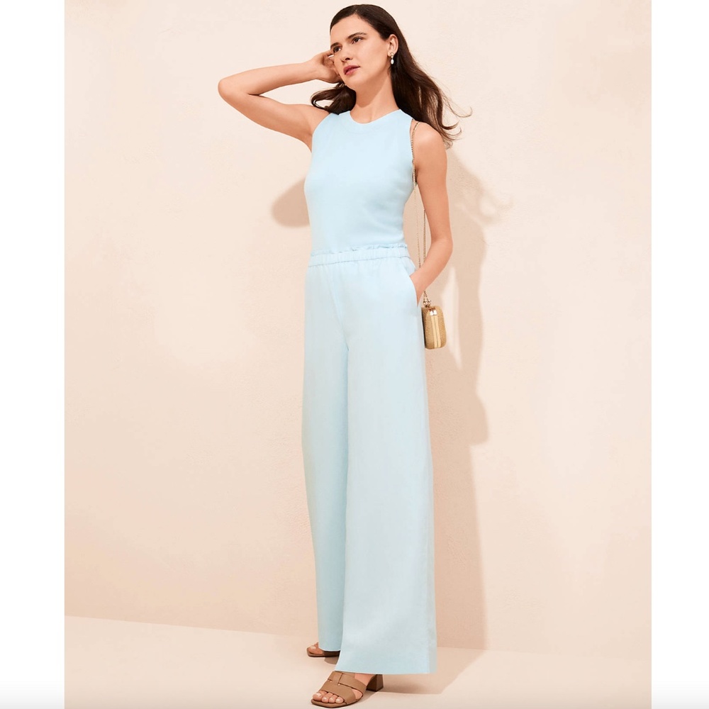 Ann Taylor The Pull On Palazzo Pant In Linen Blend Light Blue Size Medium
